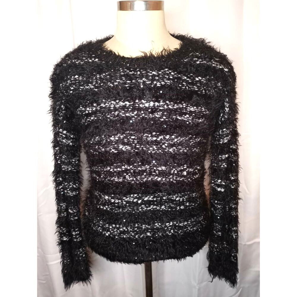 Apt 9 L Sweater Pullover Blk Wh Sparkle Fluffy Crewneck